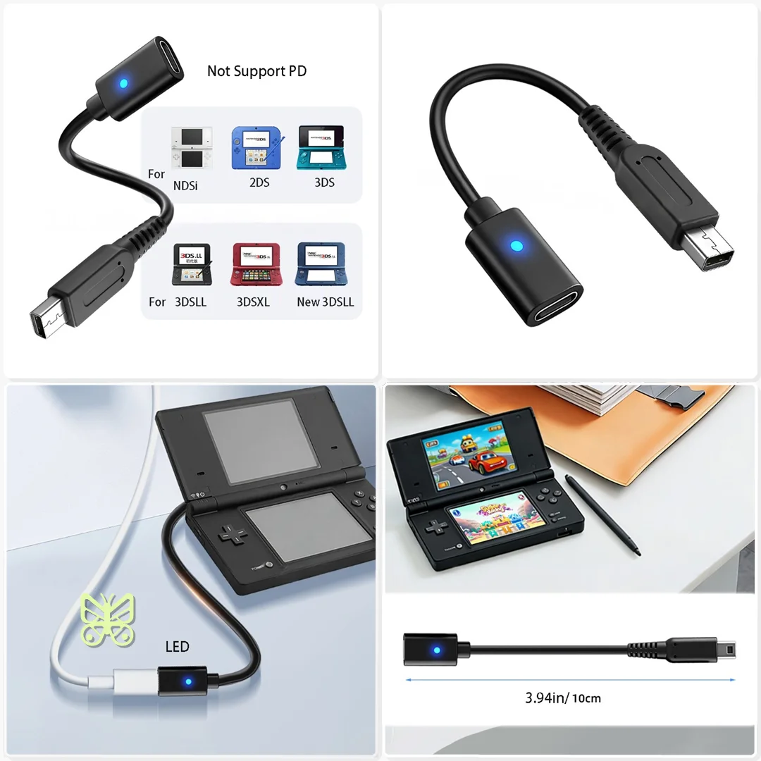 Cabo de carregamento portátil de 10 cm, tipo C, para Nintendo NDSi, 3DS, 3DSLL, 3DSXL, cabo de alimentação para consola de jogos.