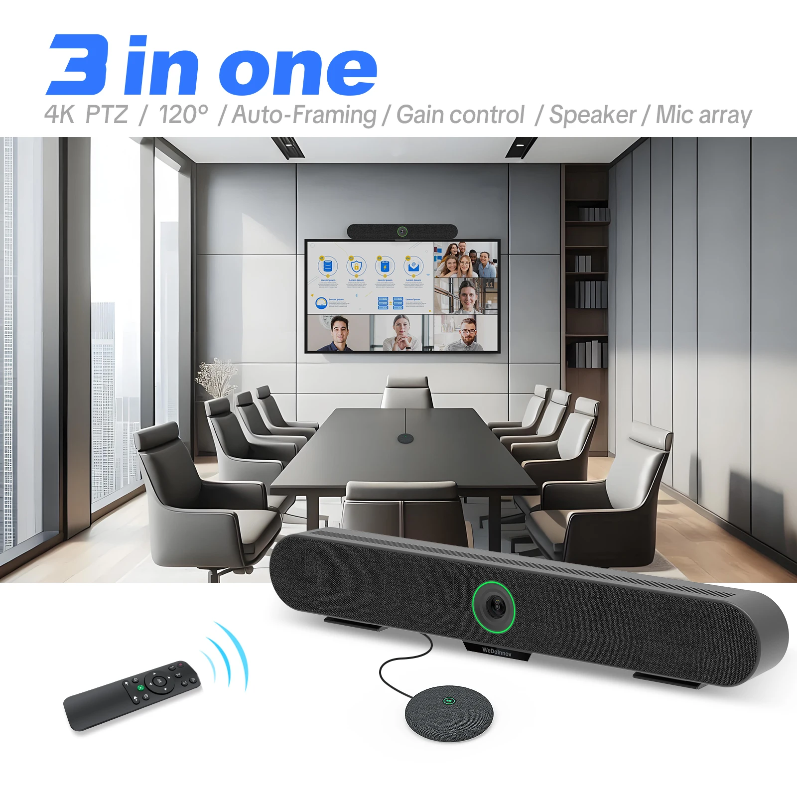 4K AI Powered VideoBar Conference Camera Auto Face Tracking Speaker Following with Privacy Cover Hi-Fi Speaker for Meeting Room