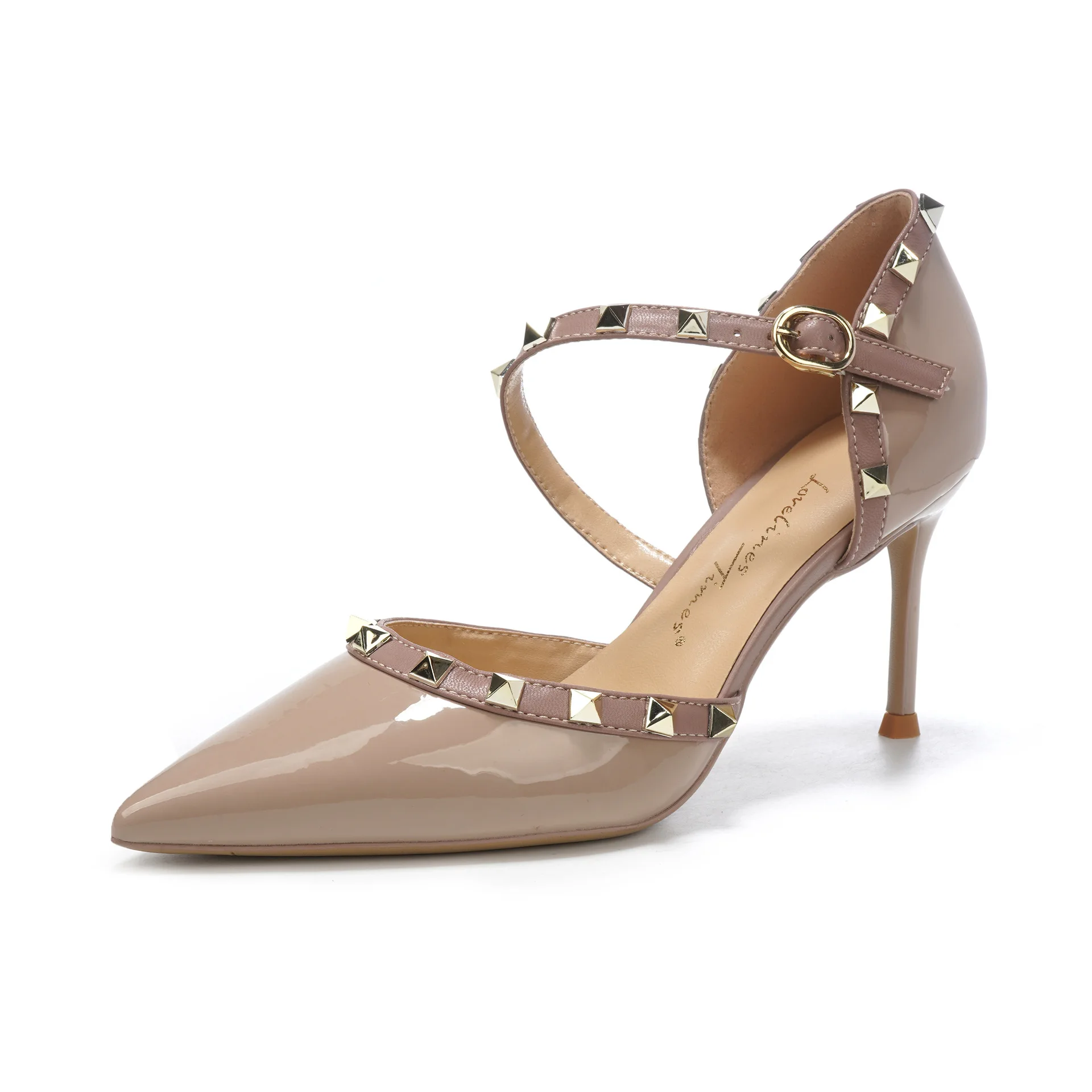

Light luxury pointed patent leather rivets hollow design buckle decorative microfiber leather high heels women