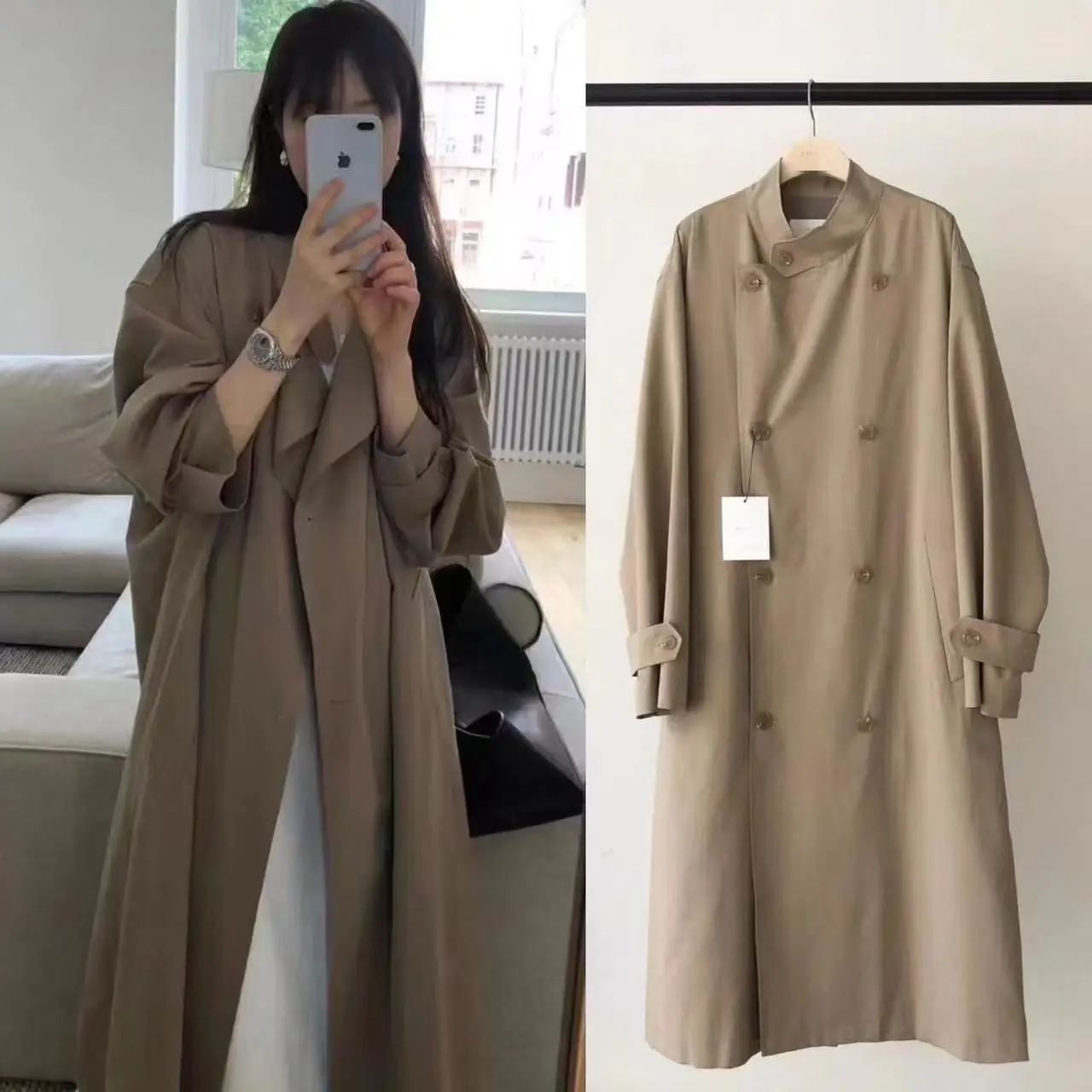 

Slimming Color Long Casual Sle Windbreaker Coat with Stand Collar And Double Button Closure for Women