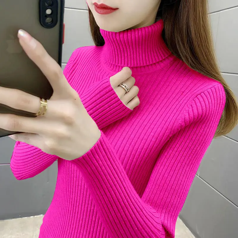 Ribbed Solid Turtleneck Long Sleeve Pullover for Women Fashion Slim High Casual Sweater Autumn Winter Top New Female 2024 YL75