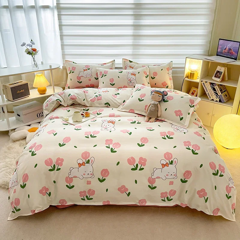 

Tulip and Rabbit Pattern Duvet Cover Set 4pcs with Reversible Comforter Cover Set, Aesthetic Easy Care Bedding for Bedroom Decor