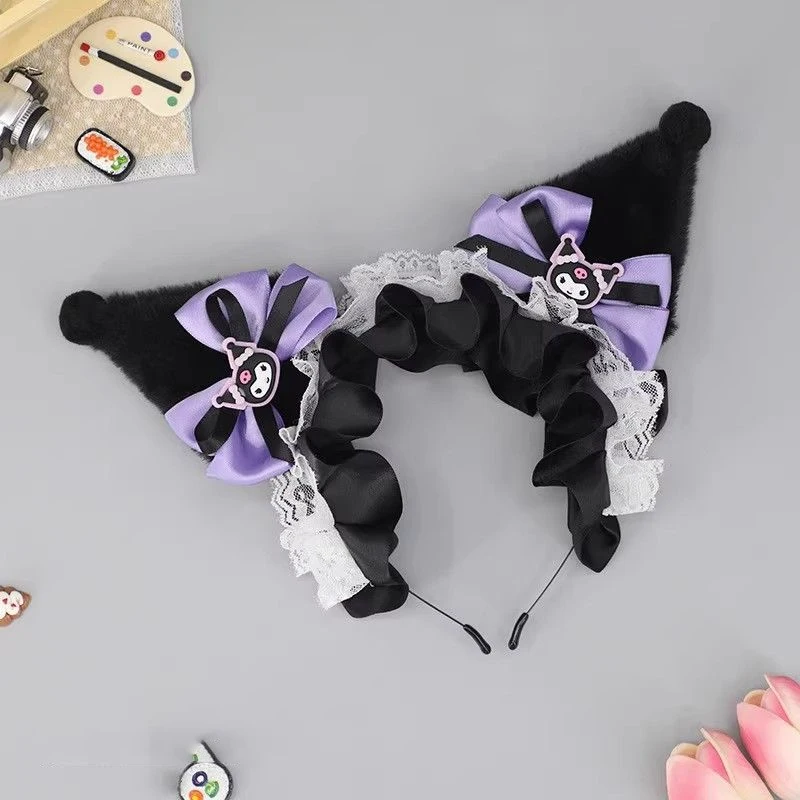 Sanrio-accesorios para el cabello de Hello Kitty Kuromi para niñas, diadema de oreja de Lolita hecha a mano, Clip para el cabello con lazo Lolita para niños