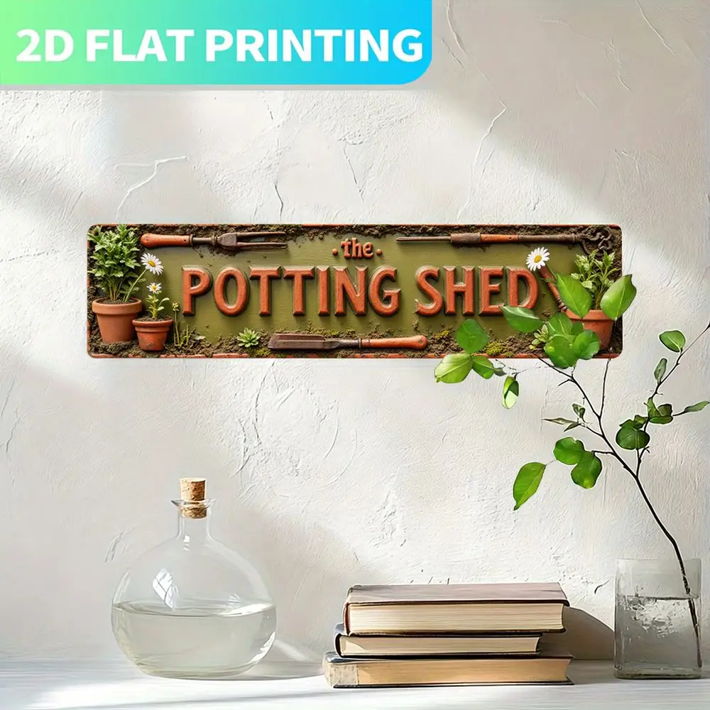 2D Flat, 2D Flat 1pc, Metal Sign, 'The Potg Shed' 15.75inch X 3.94inch Sign, Rustic Metal Wall Sign with Shovel And Plants