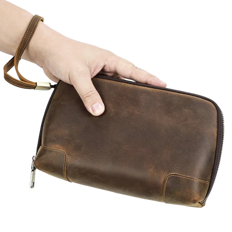 Vintage Men\'s Genuine Leather Clutch Bag Brown Cow Leather Storage Bag travel Toiletry kits wash bag genuine leather men women