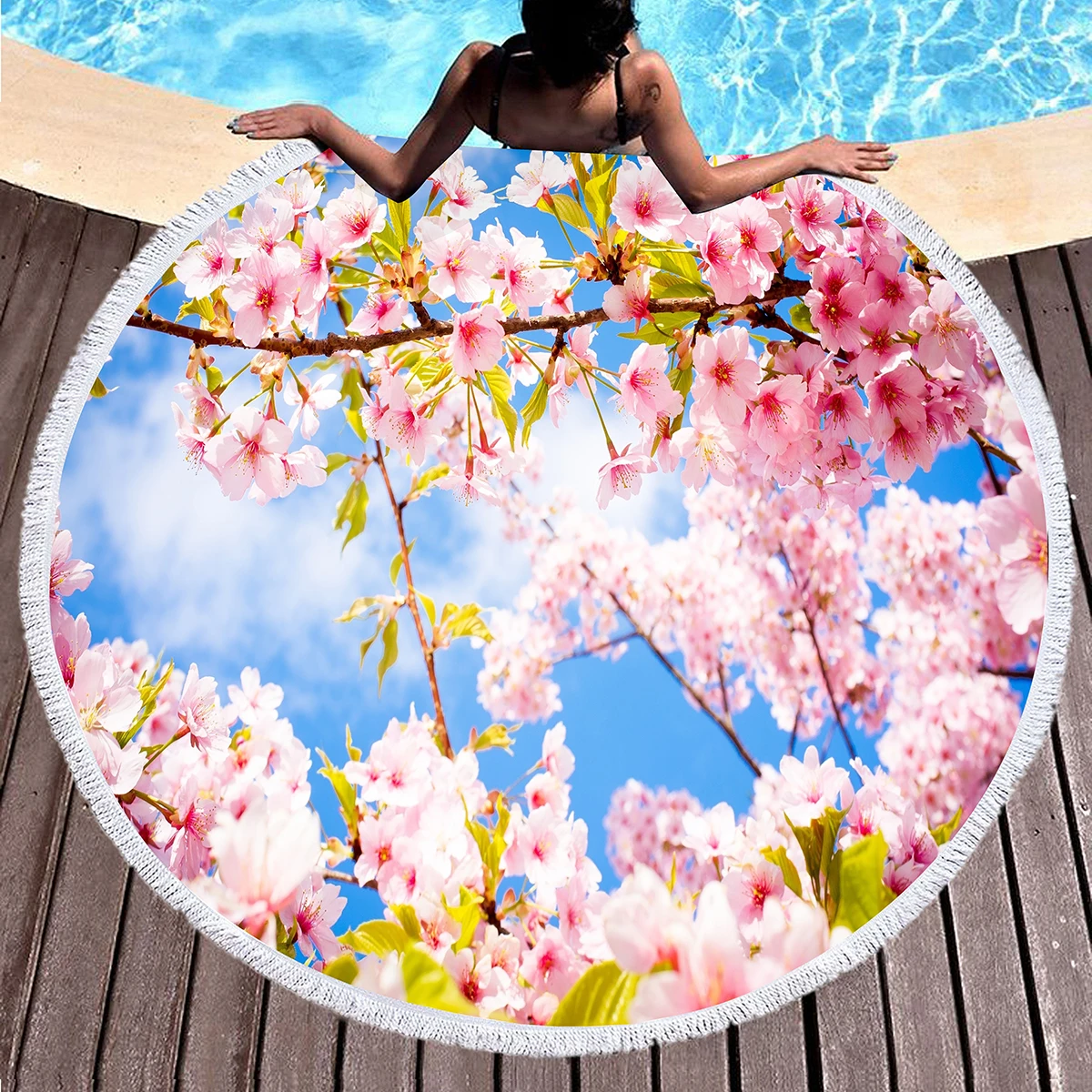 منشفة شاطئ مستديرة بزهر الكرز، شجرة زهر الكرز في الشمس، بطانية شاطئ مضادة للرمل، ماصة سريعة الجفاف، منشفة حمام سباحة ناعمة #1