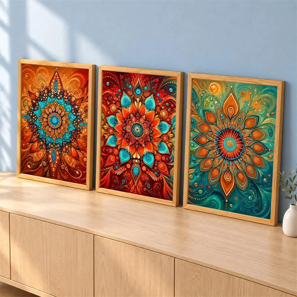 Boho Mandala Geometric Pattern Painting Calligraphy 3 Pces Canvas Poster Set Vintage Wall Art for Bedroom Living Room Home Decor