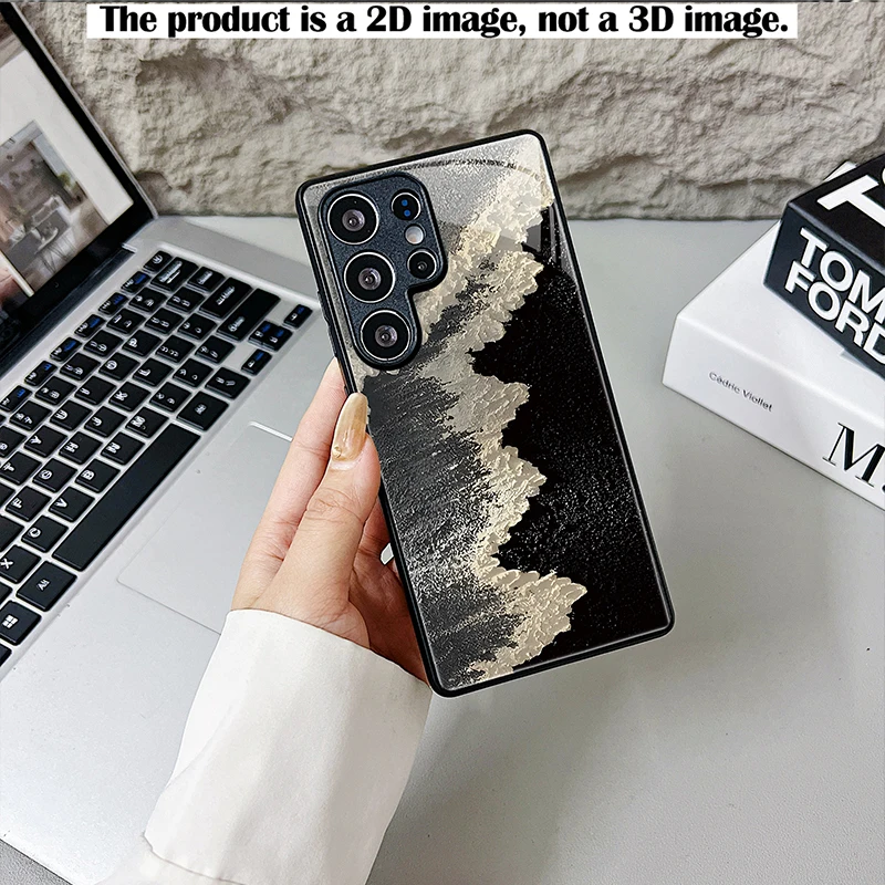 Black Sea Silver White Waves 2D Print Black Glass Phone Case for Samsung S & A Series, Full Coverage Shockproof Protective Cover