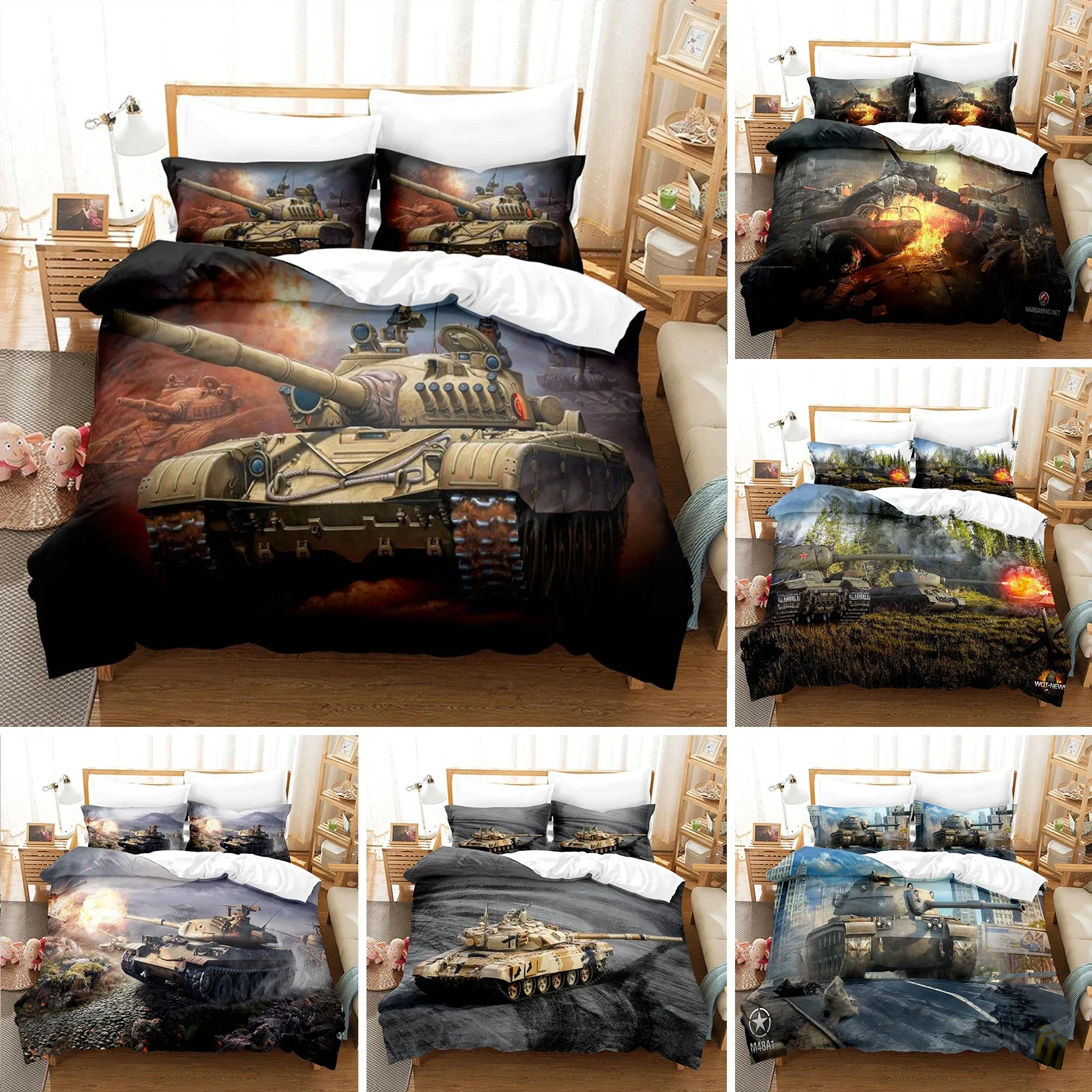 

Tank Duvet Cover Set King Size War Theme Bedding Set Dirt Bike Quilt Cover for Kid Boys Men Comfortable Microfiber Quilt Cover