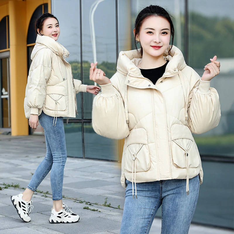 

2022 New Short Jackets Hooded Women Parkas Solid Cotton Padded Coats Female Casual Winter Jacket Loose Thick Warm Bread Outwear