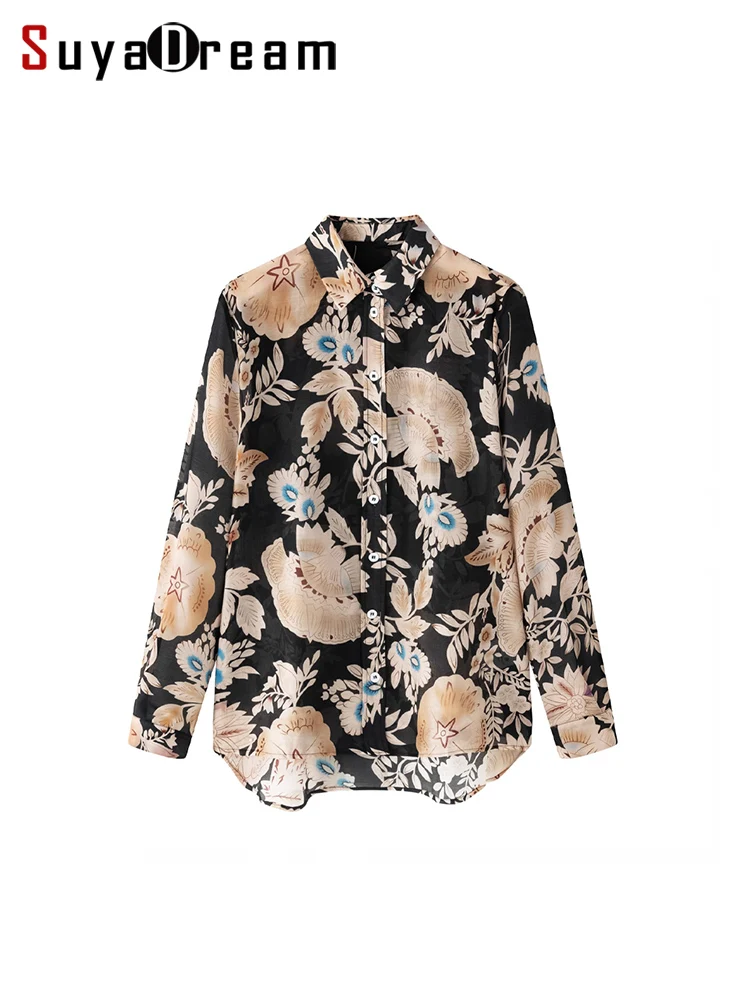 SuyaDream, Woman Floral Shirts, 30%Silk 70%Cotton, Turn Down Collar, Flowers Black Blouses, 2024 Spring Summer Top