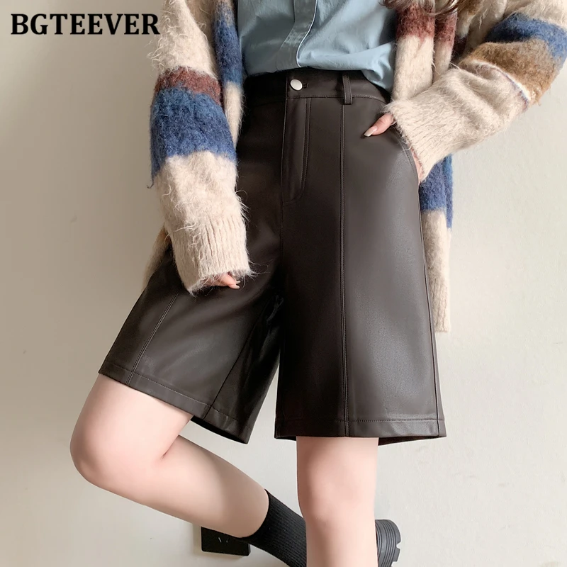 

BGTEEVER Summer High Waist Ladies Wide Leg Shorts Stylish Loose Single Button Women PU Leather Shorts