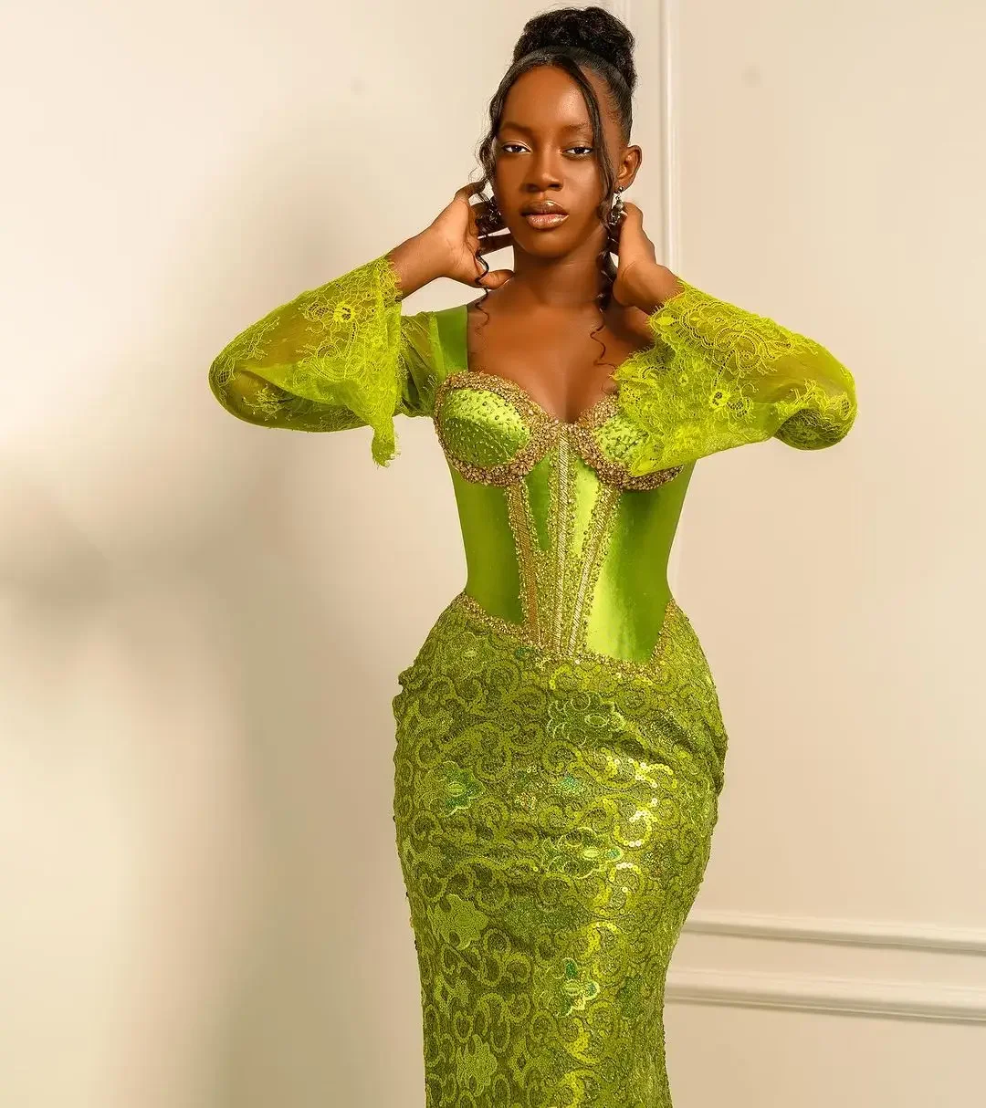 Aso Ebi-Vestido de Baile Sereia Verde para Mulheres, Manga Comprida, Ilusões Renda, Vestido de Noite, Beading Applique, Vestidos de Festa, Beading Africano