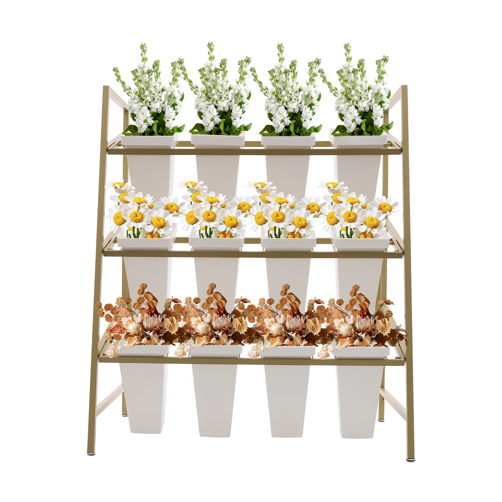 3-Tier Flower Display Stand - Movable Flower Holder,Gold Metal Plant Stand with 12Pcs White Buckets