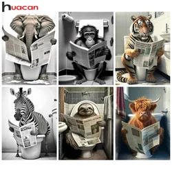 Huacan 5D DIY Diamond Painting Monkey Tiger Toilet Full Diamond Mosaic Animal Funny Bathroom Art Wall Decoration Craft Kit