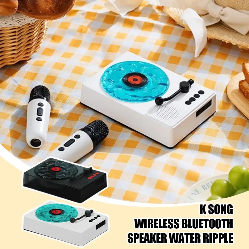 Retro-Style Vinyl Record Player with Karaoke Speaker Microphone, Water Sleep RGB - White Dynamic Noise Light, and Ripple Z0L1