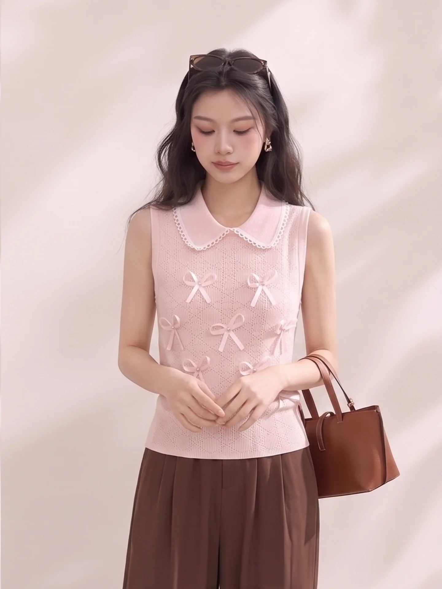 Sweet Lace Trimmed Babydoll Collar Beaded  Knot Vest Knitted Summer Slimming Sleeveless Shoulder Bared Women's Top