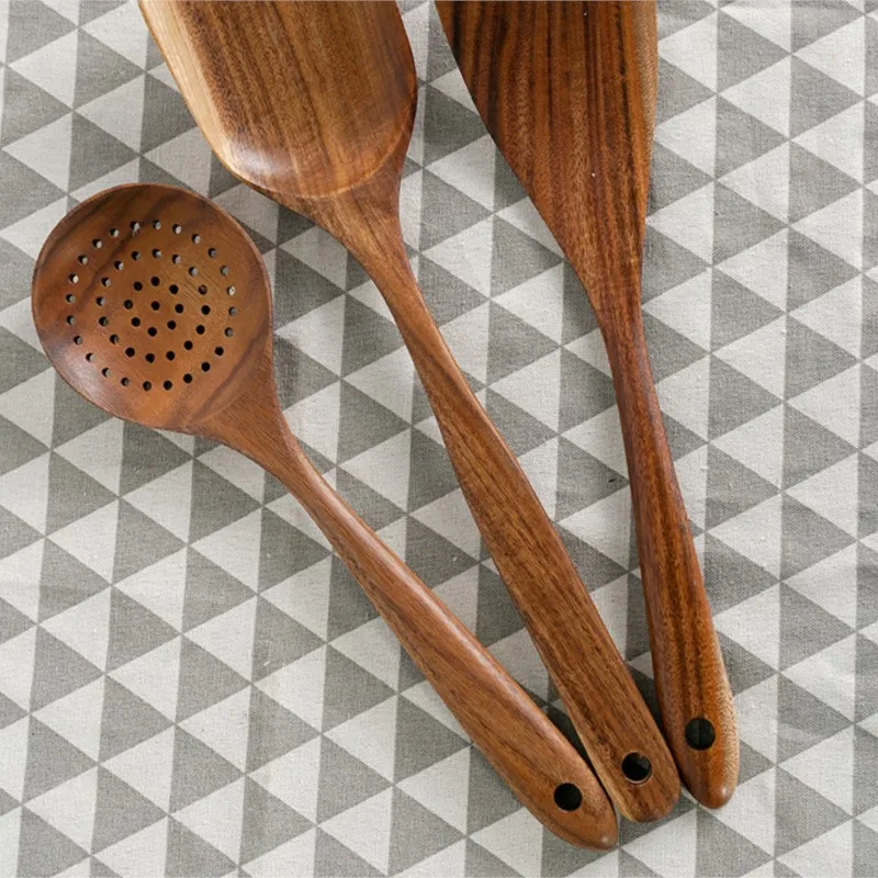 Wooden Kitchen Spoon Long Rice Colander Soup Skimmer Cooking Soup Spoons Scoop Kitchen Tool Thailand Teak Natural Wood