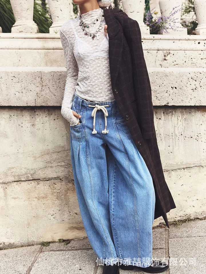 Women's New Spring Fashion Drawstring Low-rise Denim Straight Leg Pants. Casual, Vintage Loose and Comfortable Tube Jeans Women