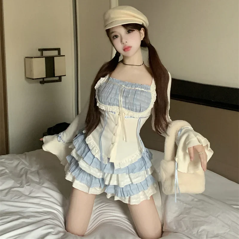 Outono kawaii lolita terno estilo japonês fino rendas topos + bodycon y2k mini saia moda bolo saia meninas festa 2 peça conjunto