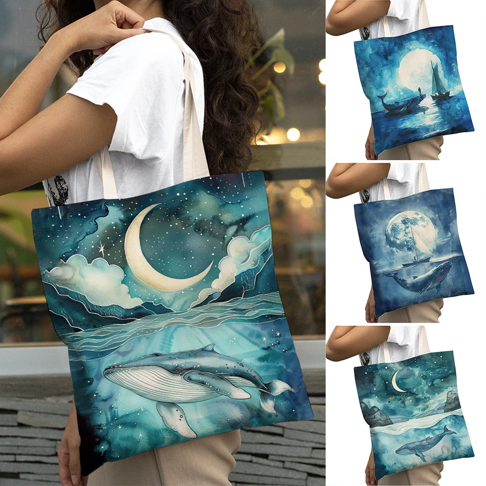 

Moom Night Humpback Whale Women Shopper Bag Watercolor Marine Animals Girl Shoulder Tote Handbag Lady Shopping Bags 40x45cm