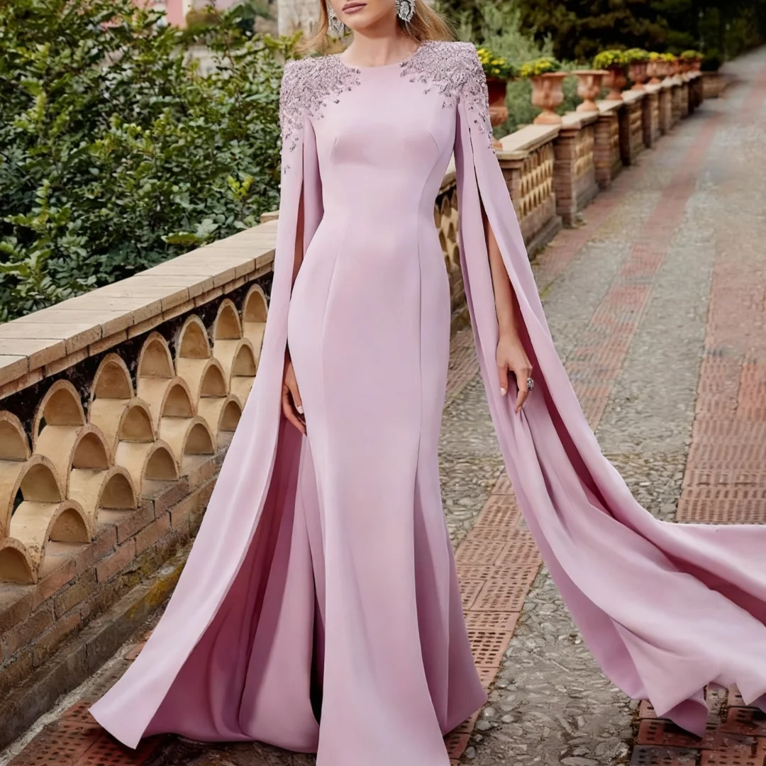 

Long Crystal O Neck Mermaid Luxury Wedding Guest Gown Women Trumpet Formal Party Dresses Lavender Monter of the Bride Dress