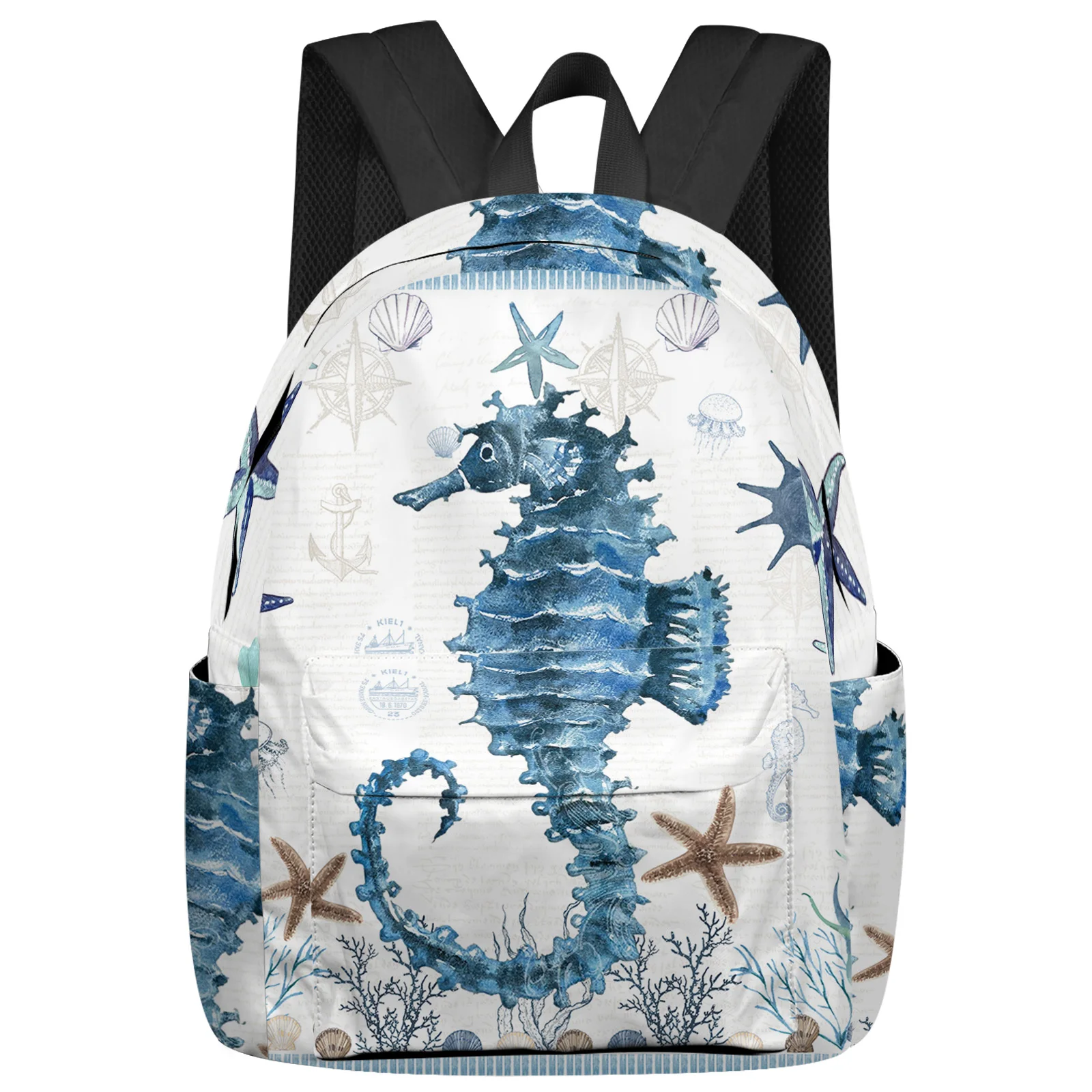 Mediterranean Style Ocean Starfish Seahorse Stripes Backpacks Custom School Bags Laptop Backpack Men Women Female Travel Mochila