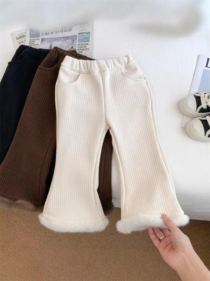 Girls Winter Pants Children Plush Thick Warm Trousers Kids Outdoor Solid Comfortable Flare Pants Baby Casual Thermal Trousers