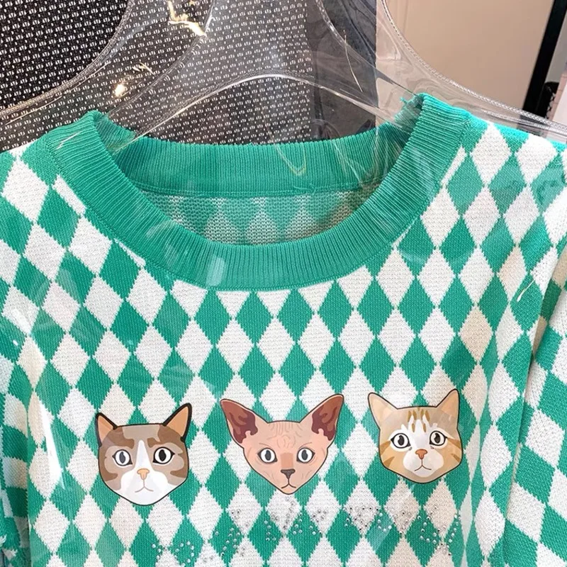 Summer Checkerboard Knitted Sweater Women Cartoon Cat Embroidered Short Sleeve Thin Ice Silk Sweater Casual Chic Knitwear Tops