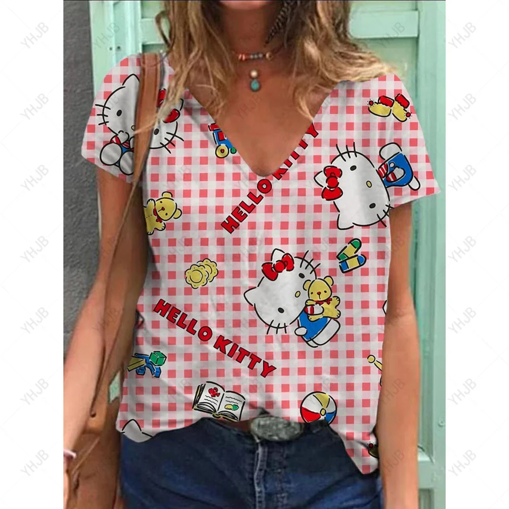 Summer Cartoon T-shirts Pocket Tops Hello Kitty V Neck Woman Clothes Fashion T-shirt Top Women 2025 Comfortable Tees