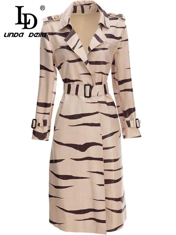 

LD LINDA DELLA Fashion Runway Autumn Winter Trench Coat Women Turn-down Collar Belted Stripe print Vintage Overcoat Outwear