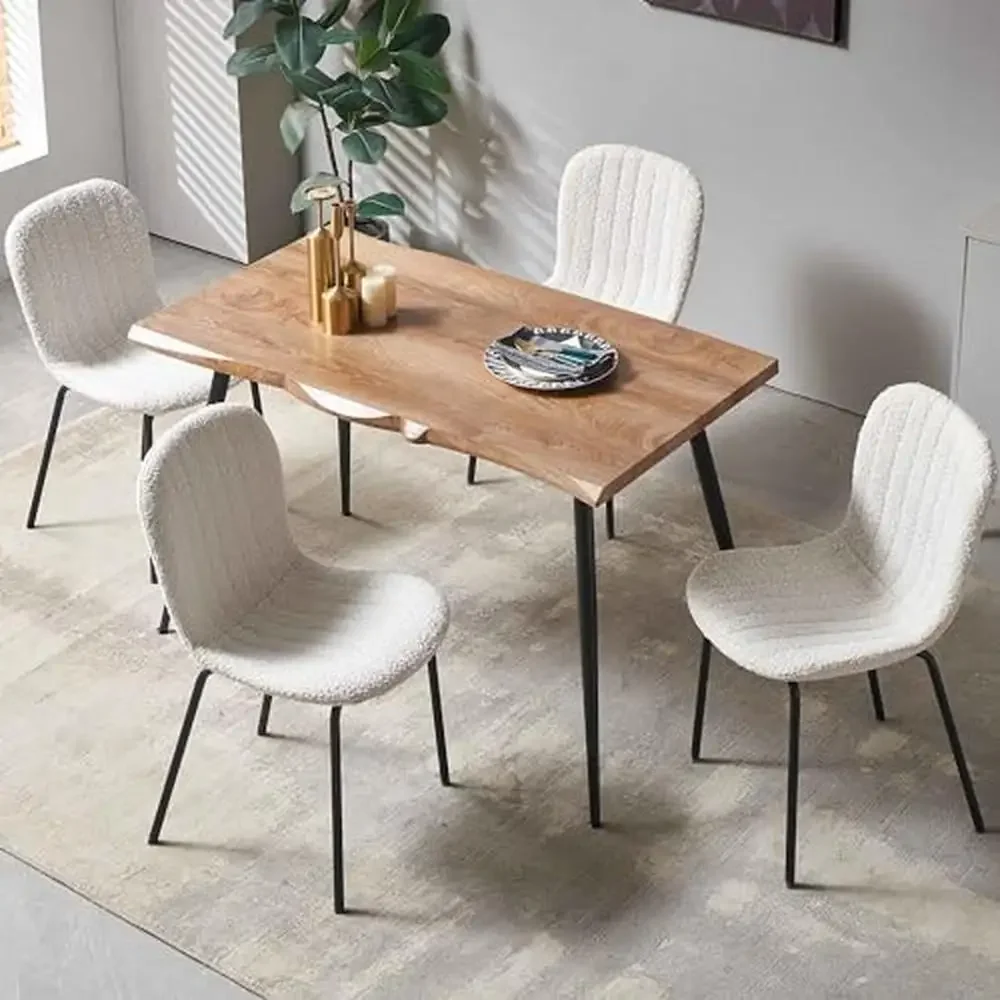 Rectangular Dining Table Set w/ Upholstered Faux Fur Chairs 4 Person 5-Piece Beige Boucle Side Table Mid-Century Style Dining