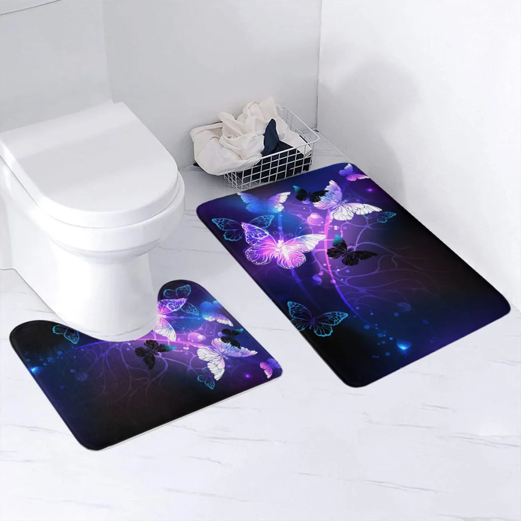 2 Pieces Bathroom Rug Set (Toilet Mat,Carpet) glowing night butterflies purple on black Durable Ultra Soft Non-Slip Washable