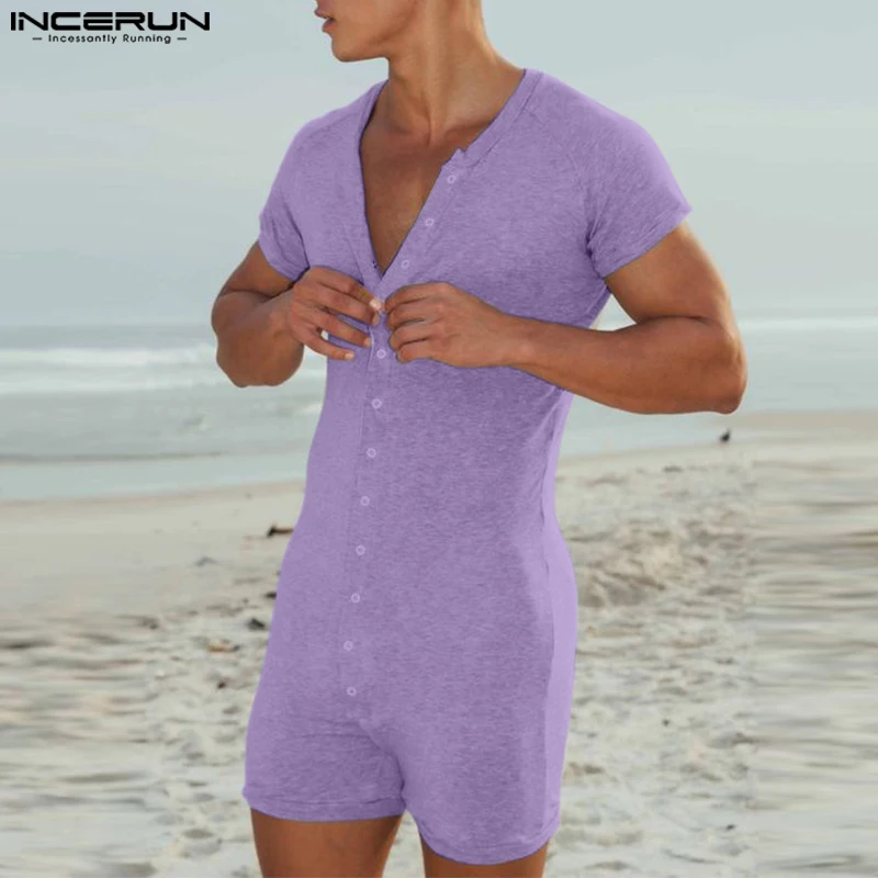 INCERUN-monos de manga corta con cuello redondo para hombre, ropa de casa ajustada, monos informales con botones, Color sólido, S-5XL, 2024