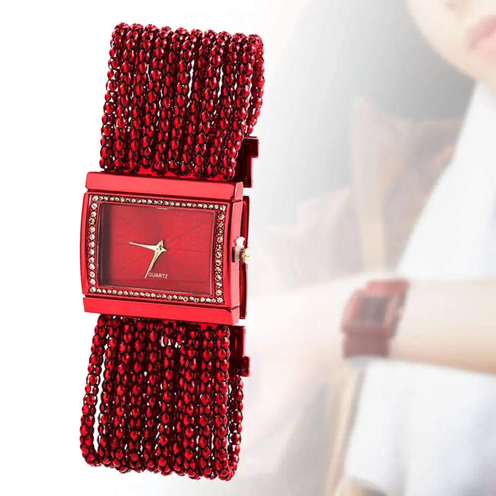 Quartz Bracelet Watch Multi-Layer Bead Chain Rhinestone Inlaid Wristwatch Alloy Stylish Women Watch for Gift