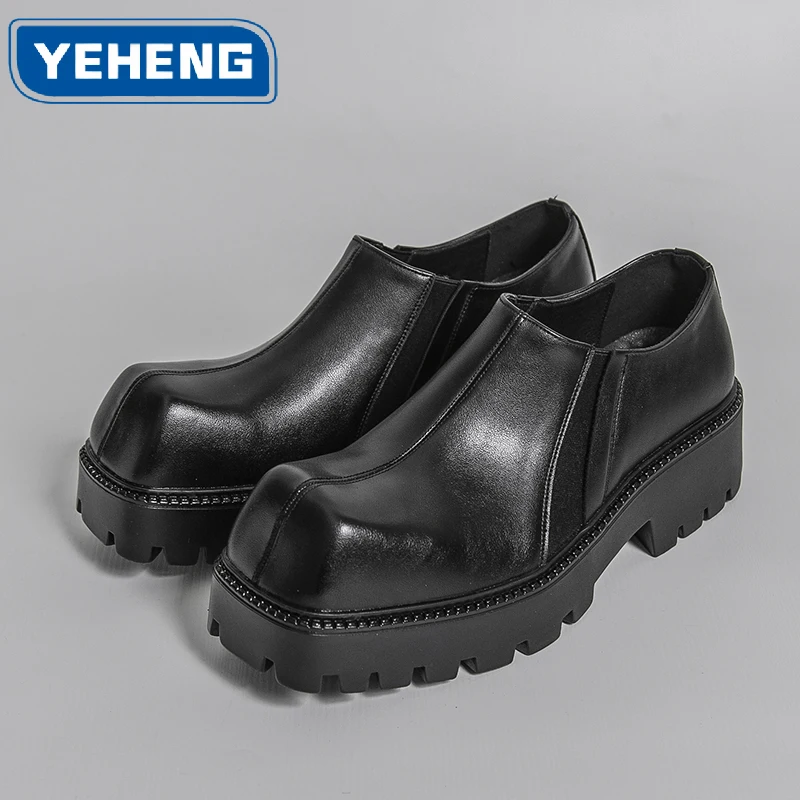 

Men Chunky Platform Loafers Gothic Toe Slip On Leather Shoes Luxury Black Leather Shoes Thick Lug Sole Slip on Punk Dress Shoes