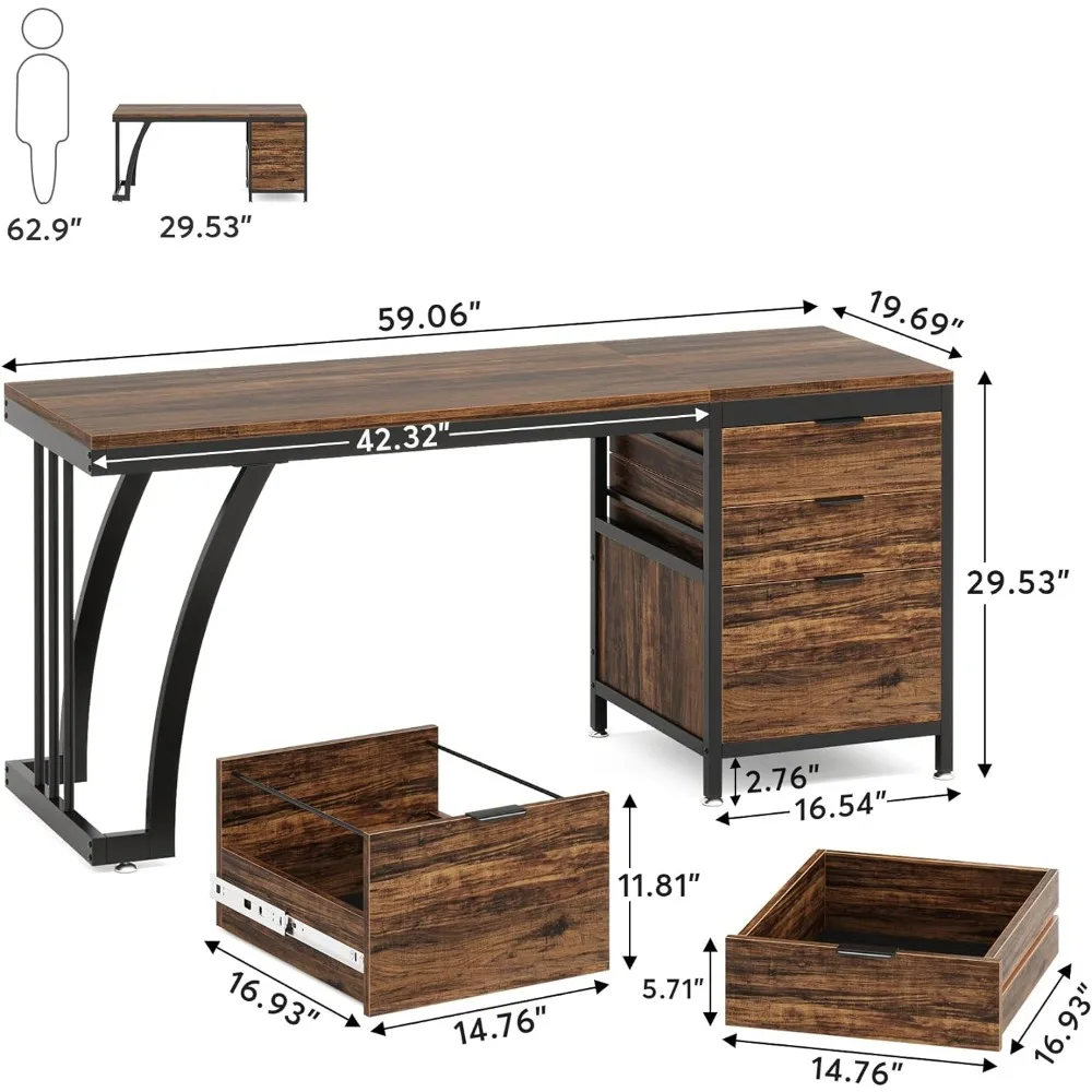 Escritorio de ordenador con 3 cajones, PC de escritorio de 59 pulgadas con cajones reversibles, mesa de escritura de estudio Industrial, estación de trabajo