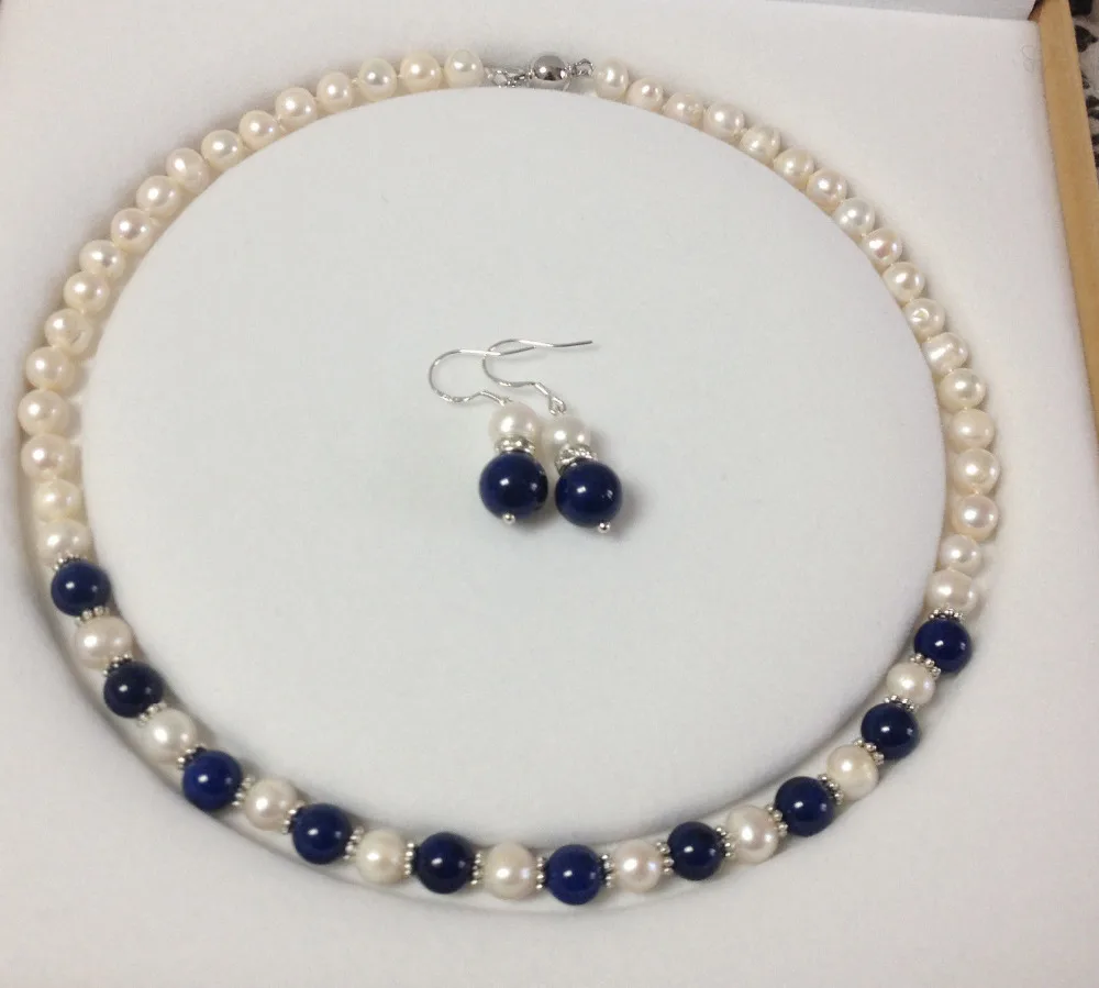 

Genuine 7-8MM Natural White Pearl/Lapis Lazuli Round Beads Necklace + Earrings