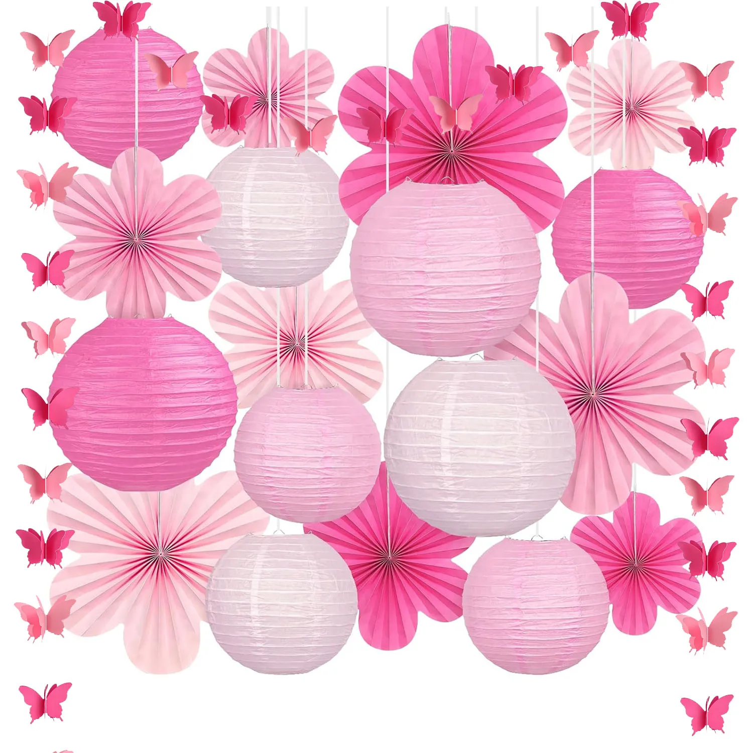 Pink Party Decorations, 13-Piece Hot Pink Paper Lanterns and Flower Fan Set, 8