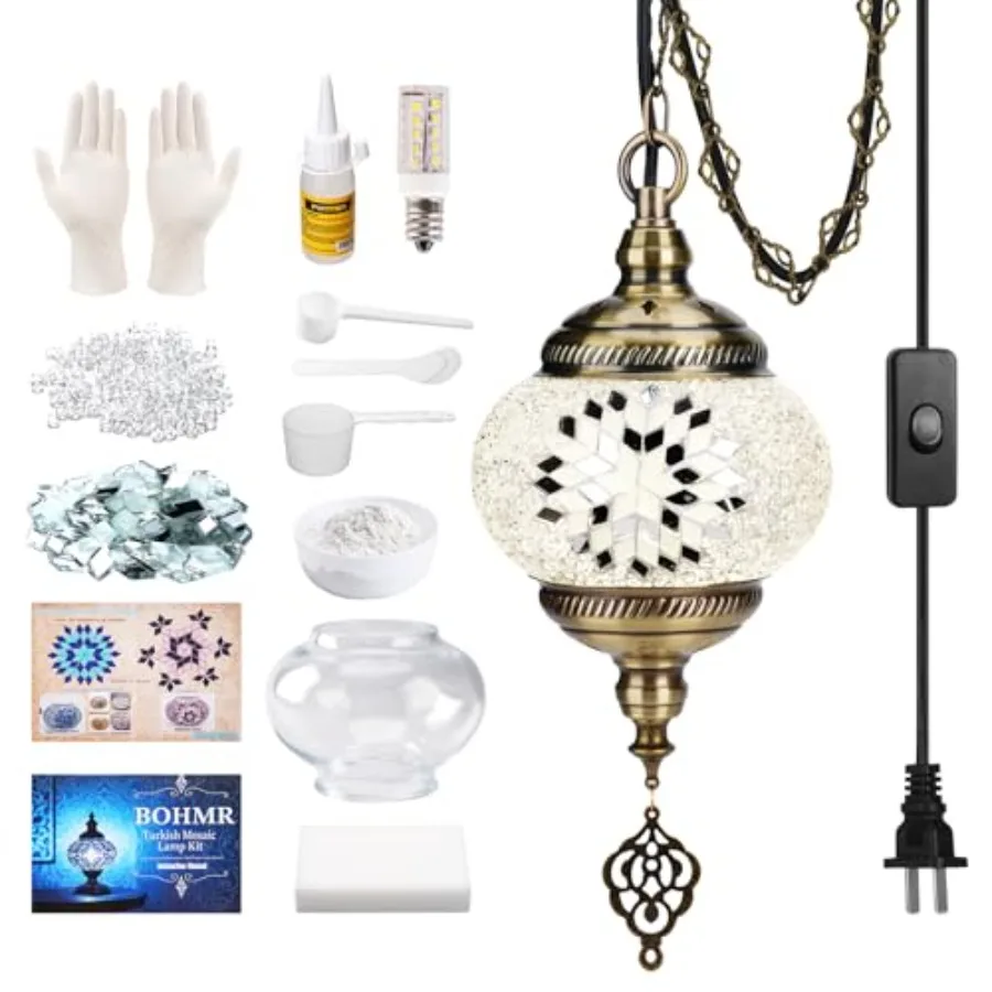 

Набор для изготовления турецкой мозаичной лампы своими руками, 5,2 дюйма, с подключением к сети, подвесной светильник из витражного стекла, комплект для создания лампы с 15-футовым шнуром — не требуются навыки, мозаика