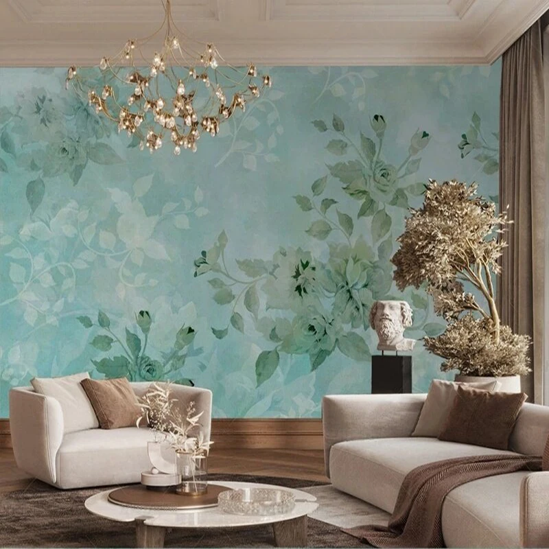 

Modern simple and high-end green background floral decoration picture TV luxury home bedroom background wall