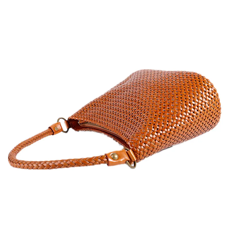 

Vintage Manual Weave Genune Leather Hand Bag Bucket Tote Top Quality Women Basket Shopping Bags Hobos Handbag