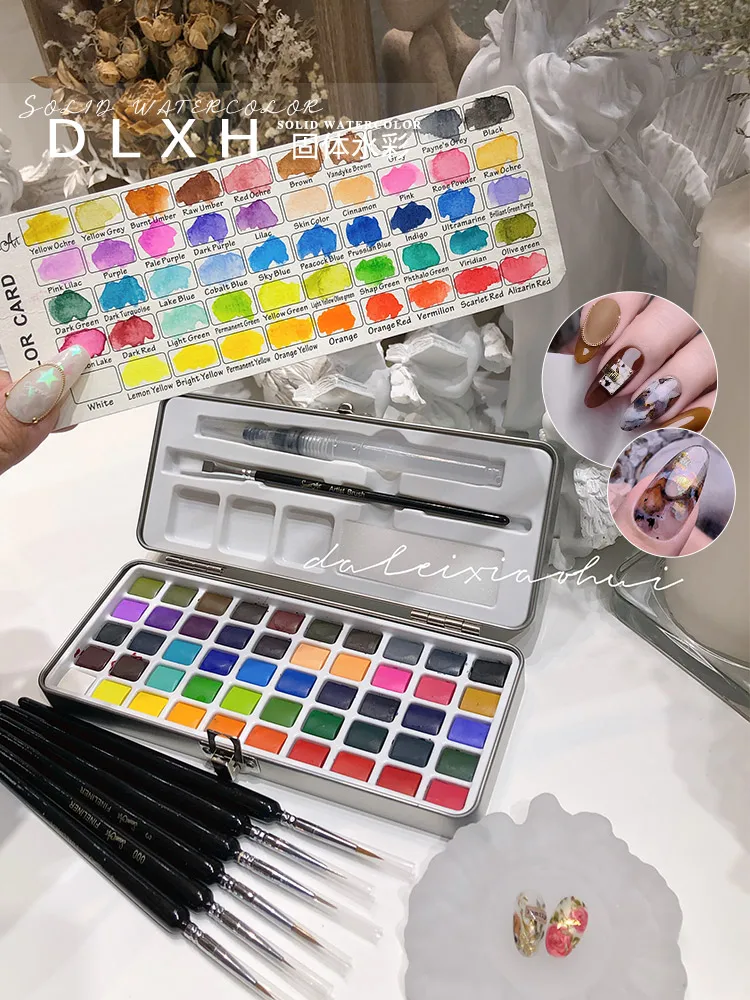 

50 Colors Solid Watercolor+ Nail Brush Nail Art Pigment Set Mold Painting Watercolor Pearl Charming Shimmer Solid