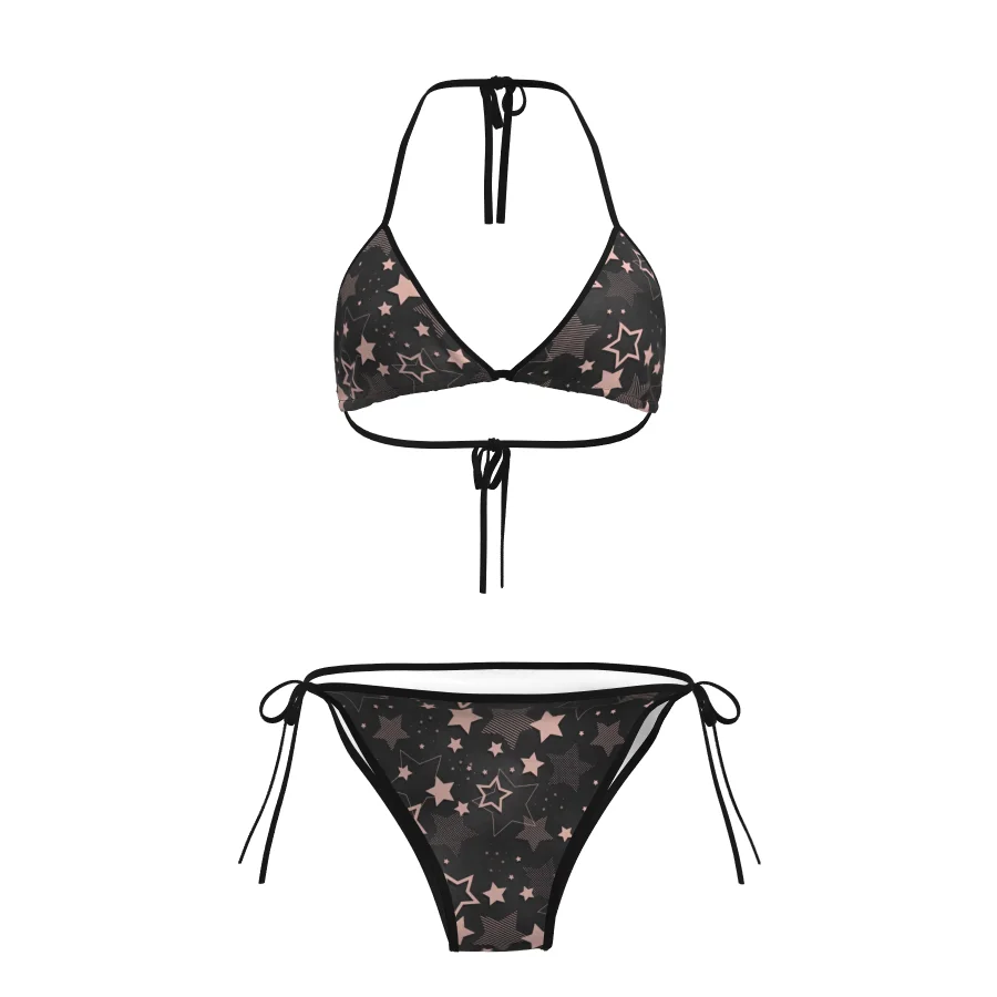 

Women's Y2K Star Print Bikini Set Black Triangle Halter Two Piece Swimsuit with Side Tie Bottoms for Summer Beachwear 2026 New