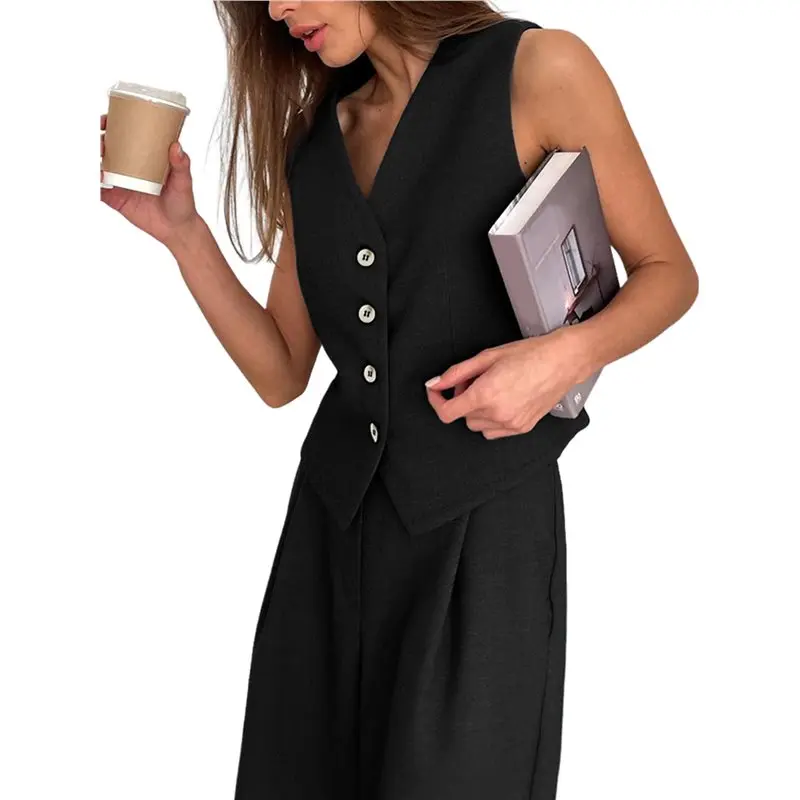 

CYL-Women's 2 Piece Outfits V Neck Pants Sets Crop Vest Blazer And Wide Leg Suit