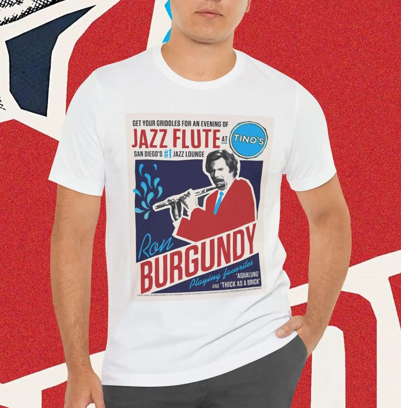 Ron Borgoña Jazz Flauta en la camiseta de Tino Anchorman juega comedia de Aqualung con Will Ferrell Christina Applegate Steve