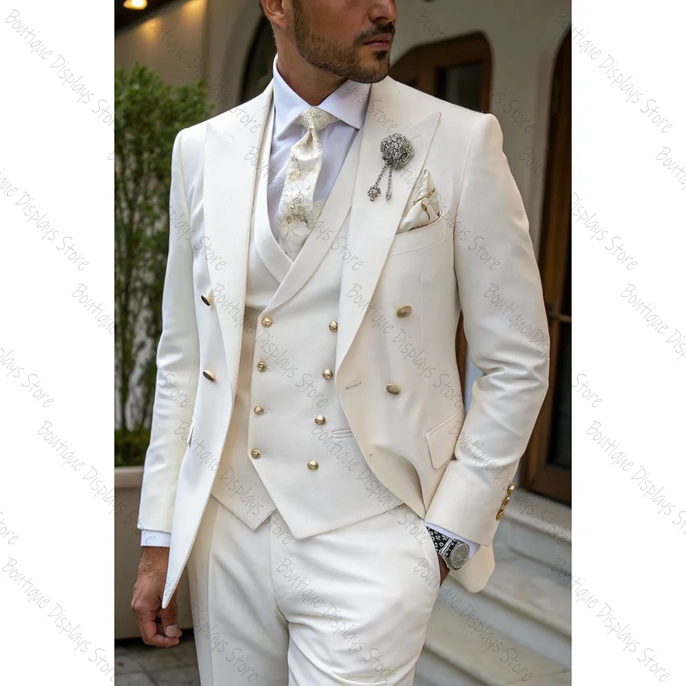 

Elegant White Men Suit Double-breasted Peak Lapel 3 Pieces(Jacket+Pants+Vest) Male Formal Wedding Party Set