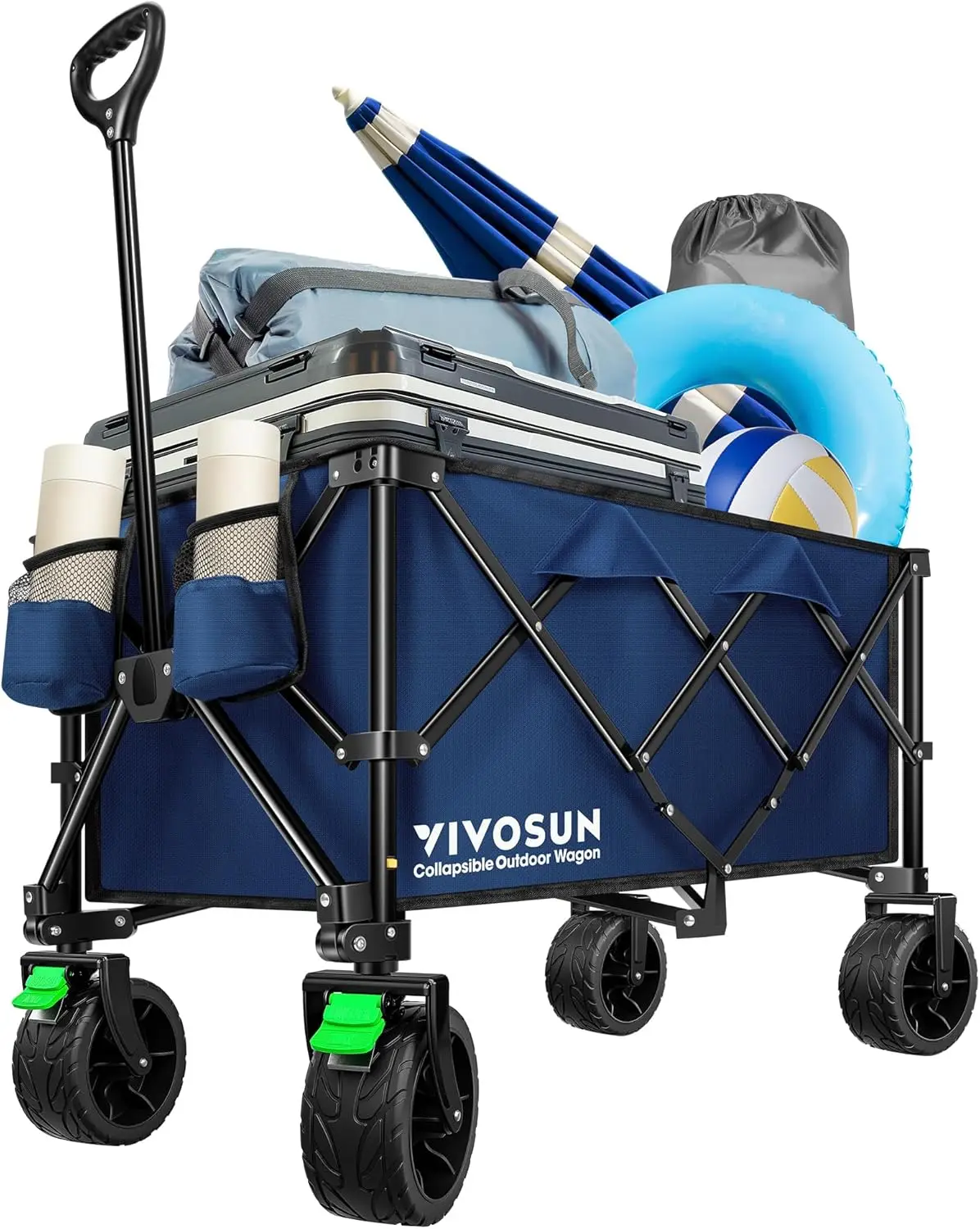 Outdoor Use, Collapsible, Blue - Silent All - Terrain Wheels, Adjustable Handle, Cup Holders & Side Pockets