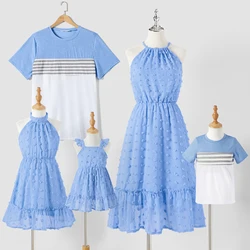 PatPat Family Matching Blue Swiss Dot Textured Halter Neck Sleeveless Dresses and Short-sleeve Striped Colorblock T-shirts Sets