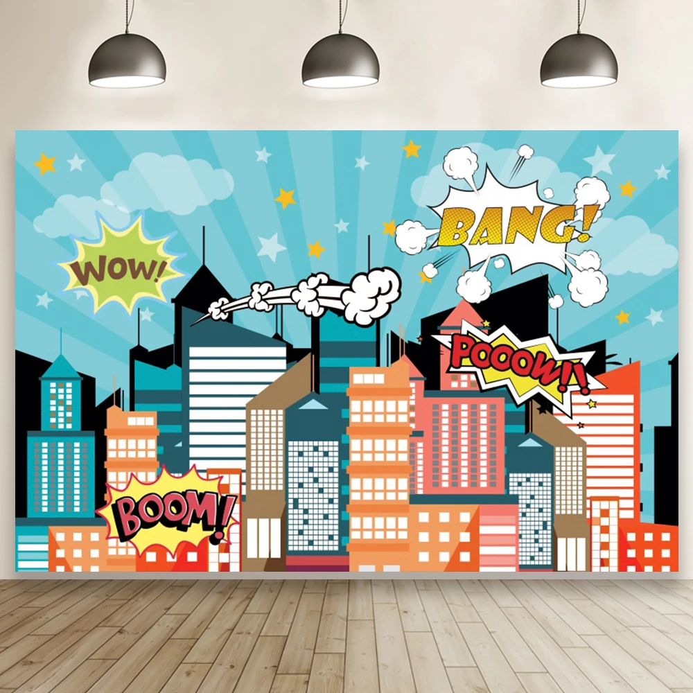 Toile de fond de fête d'anniversaire Smile Hero pour la photographie, décor de chambre d'enfants, fond de photocall de portrait, bâtiment de ville comique, dessin animé de bébé